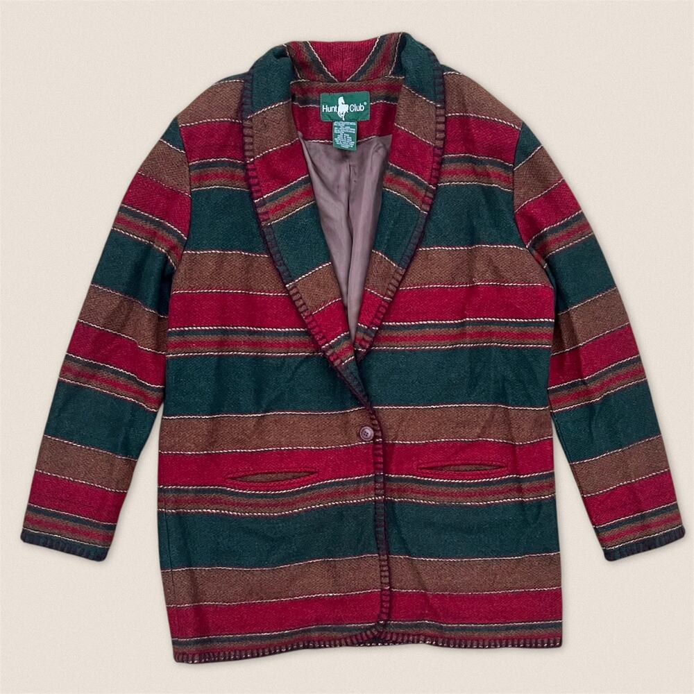 Vintage 90s Wool Red Green Striped Button Blazer Hunt Club -‎ Size Large